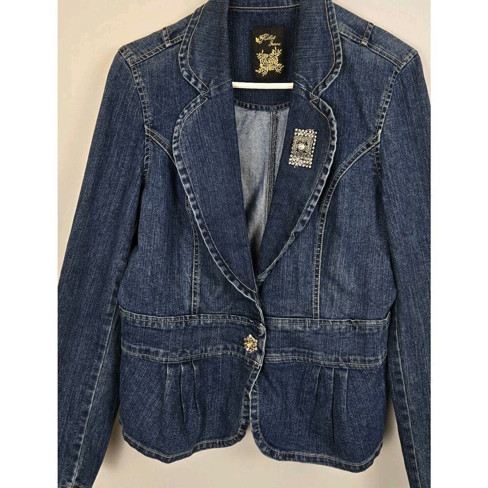 KIKIT JEANS Peplin Style Jacket Crystal Brooch Snap Ruffle Cottage Glam Peasant